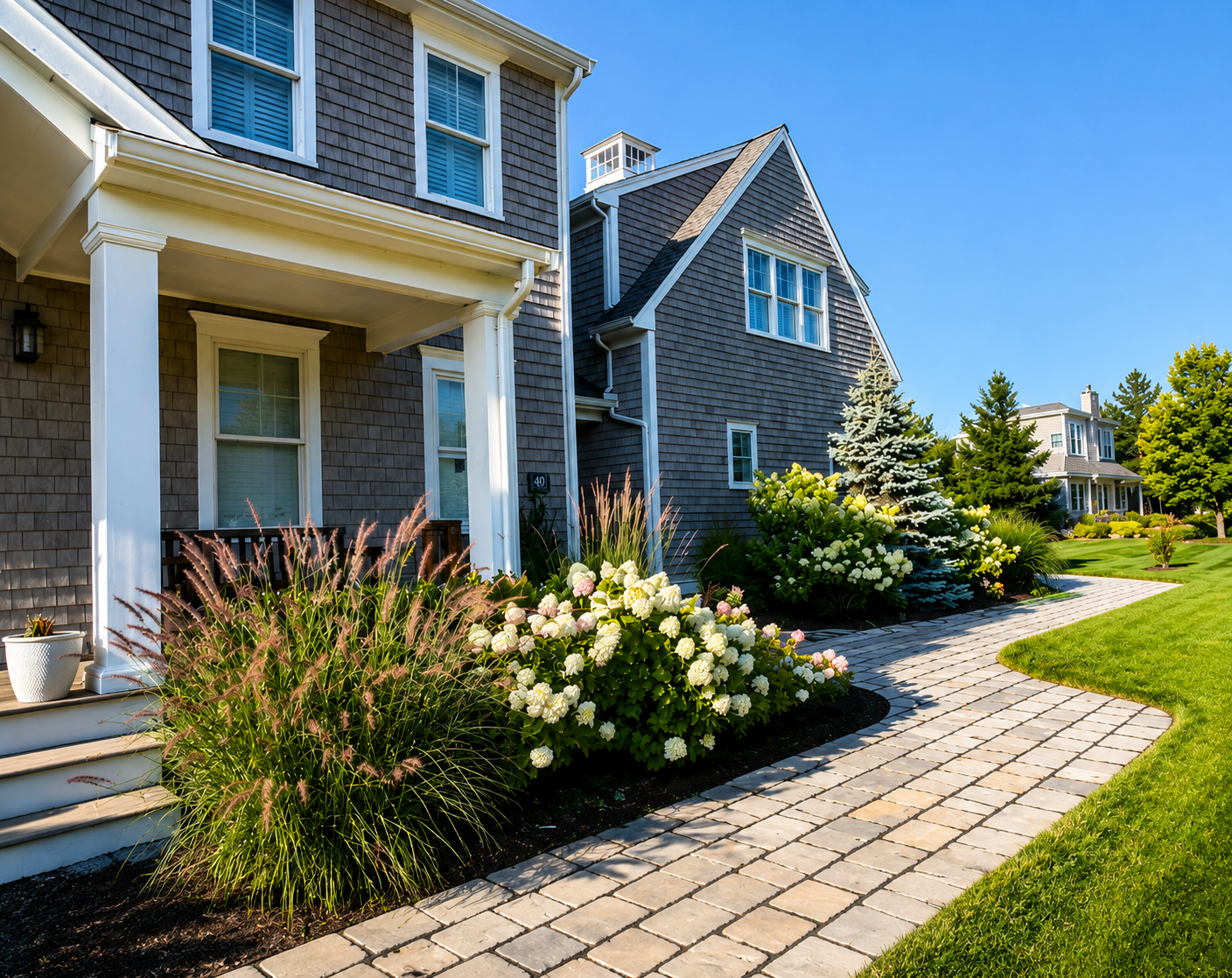 Nantucket-style shingled home with hydrangeas on the South Shore