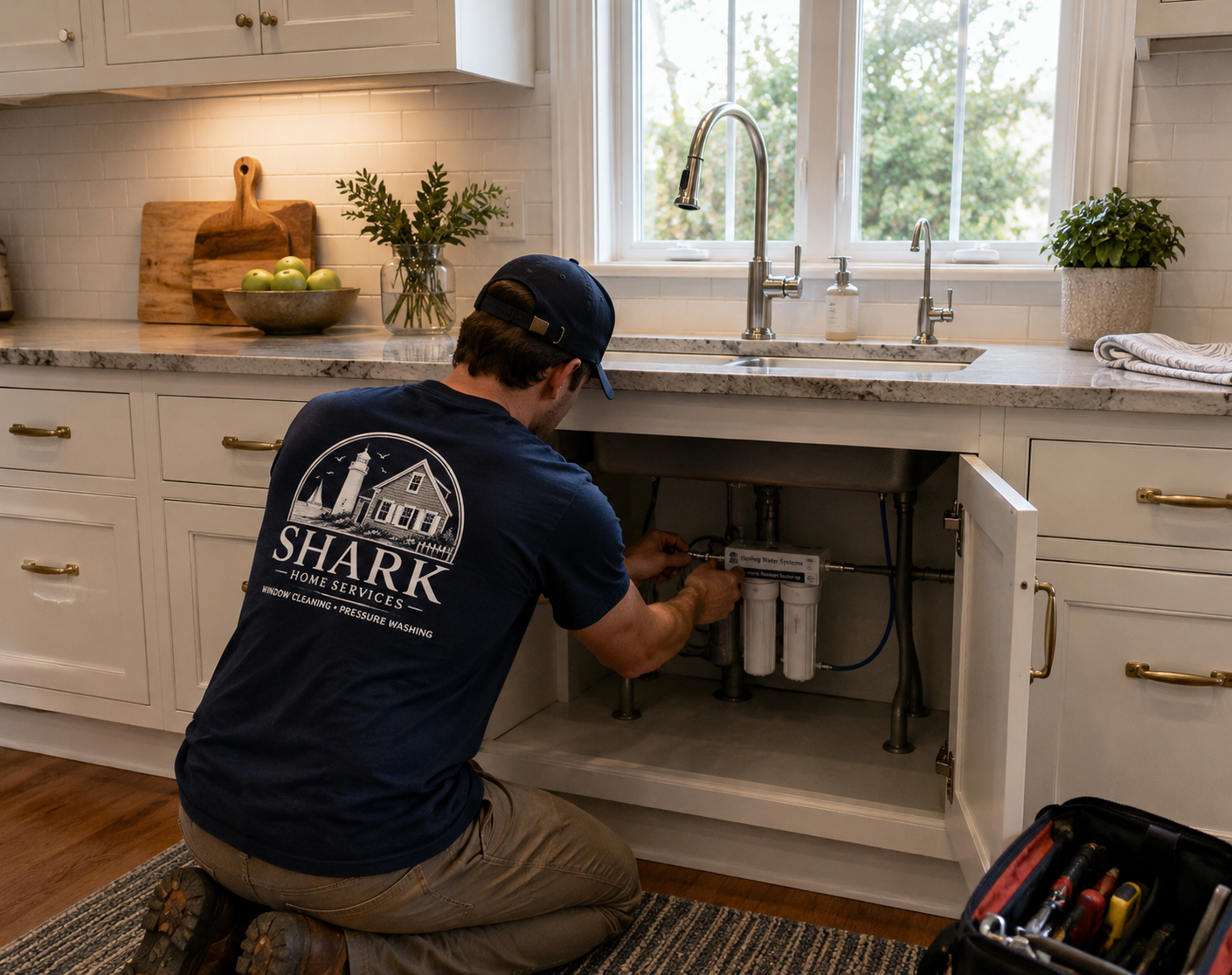 Shark Water Co. technician installing an under-sink filtration system