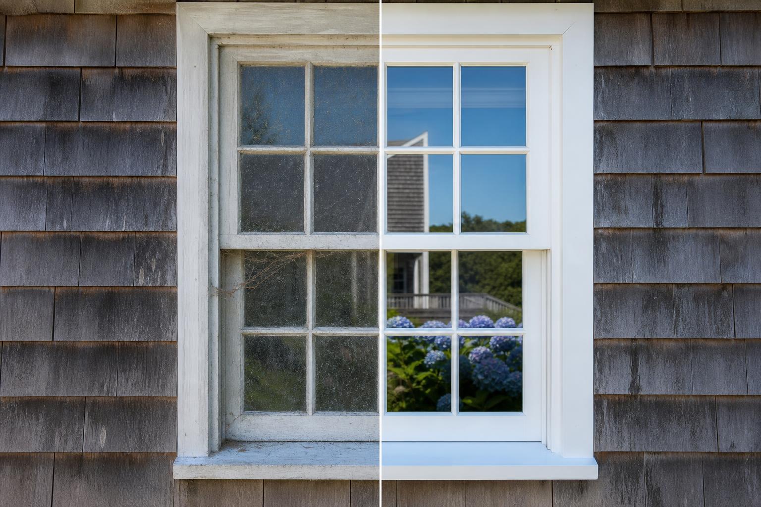 Window before and after professional pure-water cleaning