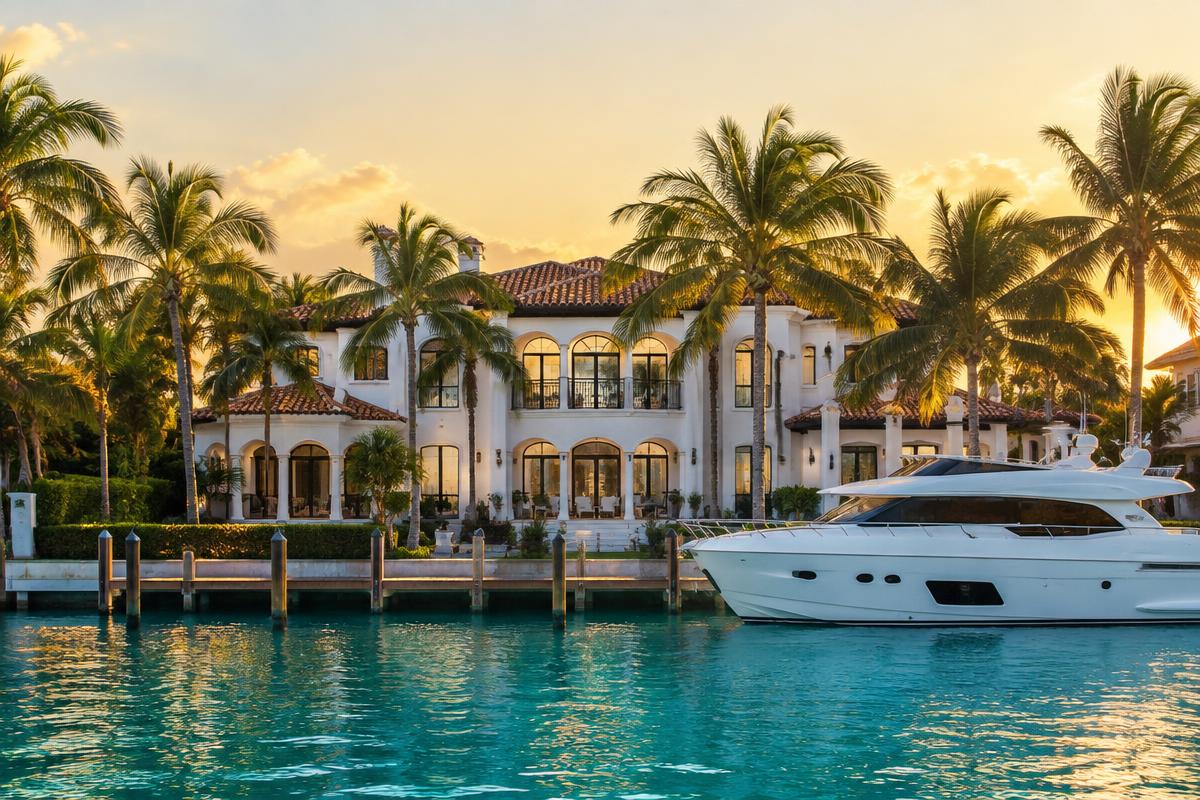Waterfront Palm Beach mansion with private dock and yacht at golden hour