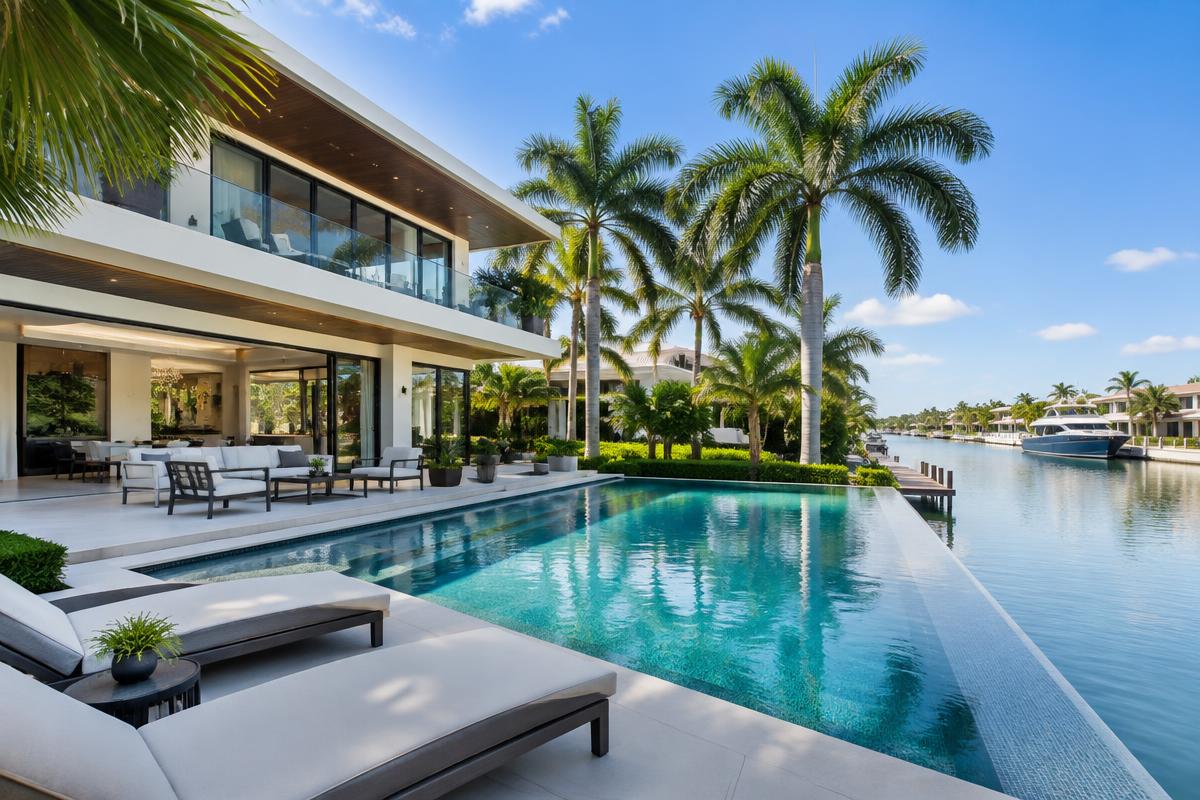 Modern Boca Raton estate with infinity pool overlooking the canal