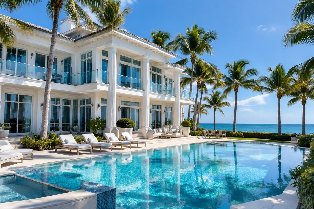 Grand white-columned Fort Lauderdale oceanfront mansion with pool terrace