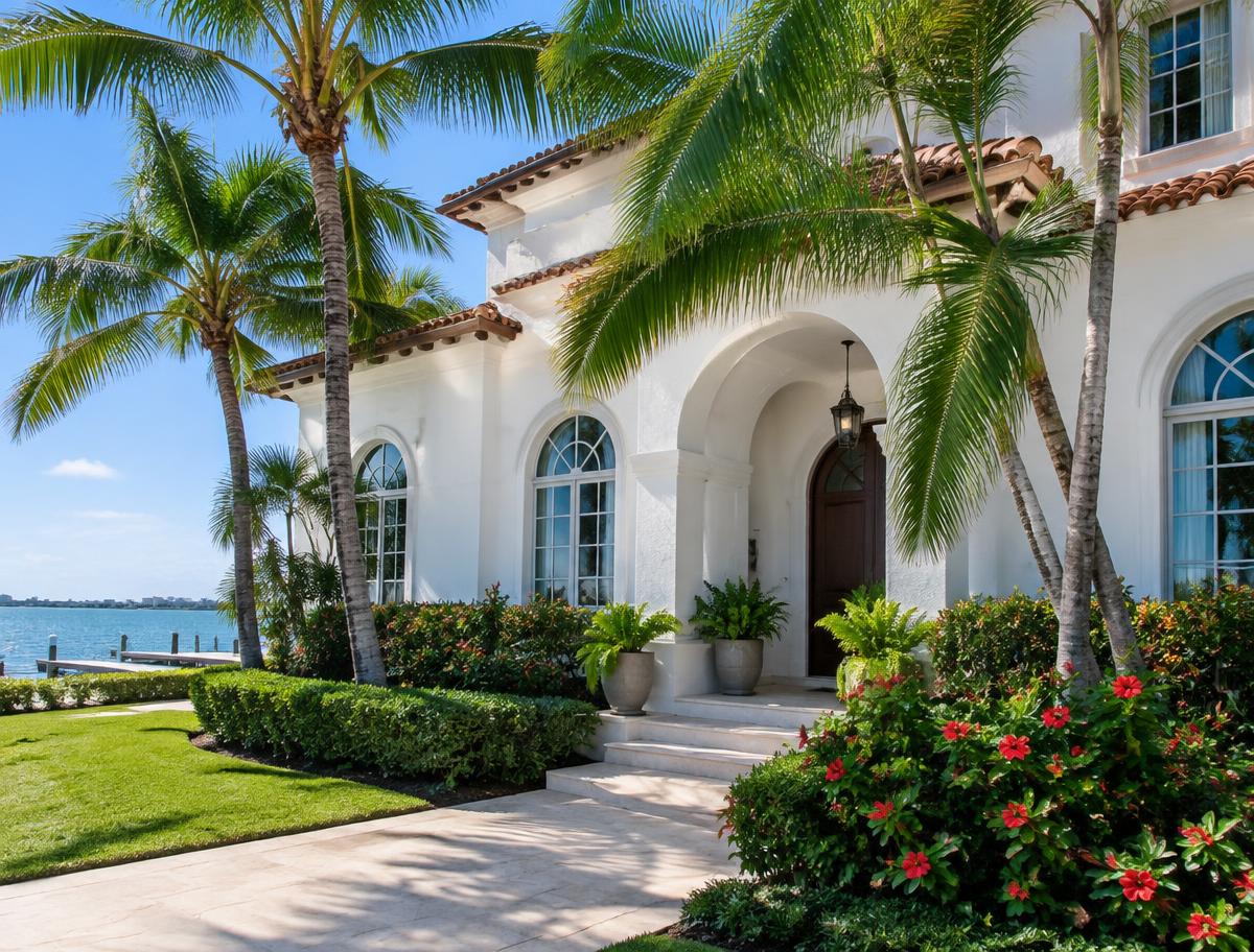 Palm Beach home with arched windows and palms